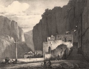 منظر لأمالفي ، كامبانيا ، إيطاليا ، مطبوعة حجرية بعد الرسم بواسطة جول كونيه (1798-1860) ، 258x245 سم