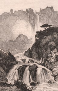 منظر لشلالات مارمور (Cascata delle Marmore) بالقرب من تيرني ، أومبريا ، إيطاليا ، نقش على الصلب بعد الرسم بواسطة Jules Coignet (1798-1860) ، حوالي 14 × 20 سم