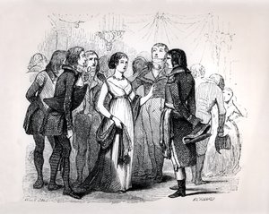 مدام دي ستال (1766-1817) تستجوب نابليون بونابرت (1769-1821) حول أفضل النساء ، من "نابليون" من إميل ماركو دي سانت هيلير ، نقشته برنارد ، باريس ، 1843
