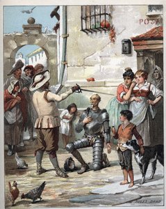خارج أحد النزل ، أصبح دون كيشوت فارسًا - رسم لجول ديفيد (1808-1892) من هيستوار دي دون كيشوت (دون كيشوت) - 1887 - بقلم ميغيل دي سيرفانتس سافيدرا (1547-1616) -