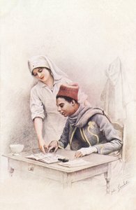 درس القراءة. بطاقة بريدية تحمل عبارة "حرب الأمم" تمثل ممرضة من الصليب الأحمر تتعلم القراءة لرجل أحذية سنغالي