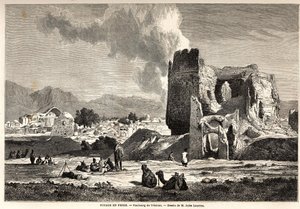 ضواحي طهران (إيران الحالية). رسم لجول لورينز (1825-1901) لتوضيح رحلة آرثر غوبينو إلى بلاد فارس من 1855 إلى 1858. نقش في "" Le tour du monde، nouveau journal des voyages "" باريس
