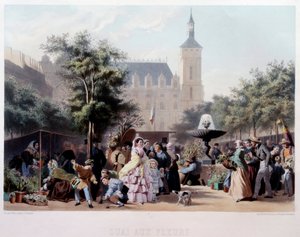 منظر من Quai aux Fleurs في باريس. المشي على Ile de la Cite. الطباعة الحجرية لجول ماري ديساندر (1845-؟) في القرن التاسع عشر في باريس ، متحف كارنافالي بواسطة جول ماري ديزاندري