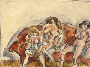 ثلاث نساء على أريكة حمراء (مرحاض على ورق)