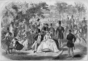 مشهد من الحياة الباريسية ، بعد ظهر يوم في Bois de Boulogne في القرن التاسع عشر. نقش بعد رسم بيلوكوك. في "" L'univers illusté "بتاريخ 17/10/1866.