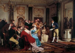 الرومانسية من المألوف قراءة قطعة مسرحية في صالون باريسي. (Salon Litteraire) لوحة بواسطة Jules Worms (1832-1914) باريس القرن التاسع عشر ، Palais du Luxembourg