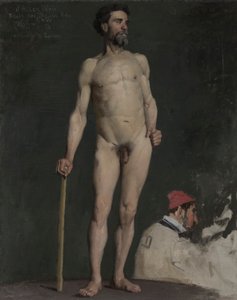 دراسة رجل عاري متكئًا على عصا