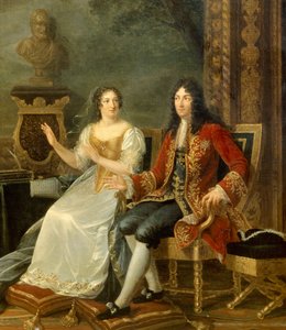 ملك فرنسا لويس الرابع عشر مع مدام دي مينتينون. تفاصيل اللوحة "" جان راسين (1639-1699) التي تقرأ "" أثالي "" قبل لويس الرابع عشر (1638-1715) وفرانسواز ديوبيني ، ماركيز (مدام) دي مينتينون (1635-1719) ". لوحة جولي فيليبولت (1780- بواسطة جولي فيليبولت