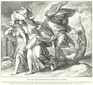 Lot and his Daughters Escape Out of Sodom (engraving) بواسطة يوليوس (بعد) شنور فون كارولسفيلد