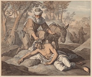 السامري الصالح، القديس لوقا، س، 33، 34 (نقش ملون)