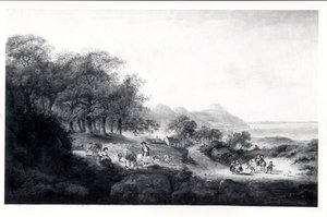 منظر بعيد لـ Anglesea (زيت على قماش) (طباعة بالأبيض والأسود) بواسطة يوليوس قيصر إبيتسون