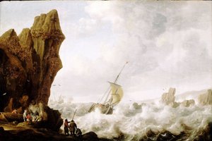 قارب صيد ذو ساريتين (خطاف) في بحر مضطرب، محشور في ممر محاط بساحل من الصخور شديدة الانحدار. لوحة زيتية على الخشب، حوالي عام 1620، رسمها يوليوس بورسيليس (1609-1645). بواسطة يوليوس بورسيليس