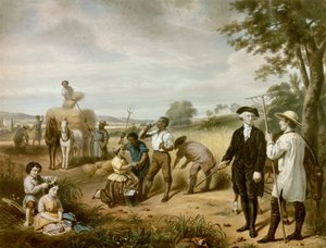 واشنطن المزارع: جورج واشنطن (1732-1799) في حقول مونت فيرنون ، مزرعته في إيرل فيرفاكس ، فيرجينيا. في الزاوية اليسرى السفلية يظهر ابناها ، جون ومارثا بارك كوستيس. الطباعة الحجرية