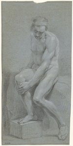 رجل جالس عاري ، يده اليسرى على ركبته اليمنى