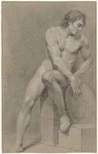 رجل جالس عاريًا ، استدار إلى اليمين ، والقدم اليسرى على كتلة