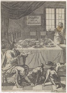 Zoilus يجلس على طاولة موضوعة De Gustibus non est disputandum (العنوان على الكائن) بواسطة Justus van den Nijpoort