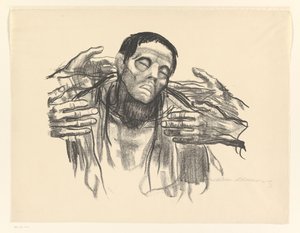 رجل وأربع أيادي نصف روسيا (العنوان الأصلي) بواسطة Käthe Kollwitz (توقيع الفنان)