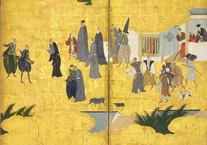 تفاصيل البرابرة الجنوبية يأتون إلى التجارة ، زوج من ست شاشات ، أوائل القرن السابع عشر