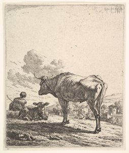 راعي البقر مع البقر والعجل على سفح التل ، ينظر راعي البقر من الخلف ويجلس في ... ، 1658. بواسطة كاريل دو جاردين