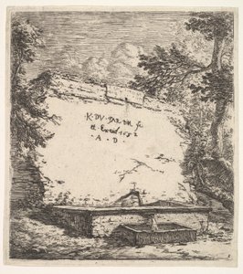 صورة للواجهة مع نافورة متدرجة ، جدار حجري مع صنبور ماء يصب الماء في ... ، 1652. بواسطة كاريل دو جاردين
