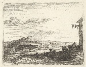 منظر طبيعي مع زاوية بناء ومظلة في أقصى اليمين ، شكلان وحصان -... ، كاليفورنيا. 1641-78. بواسطة كاريل دو جاردين