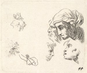 دراسة الرؤوس في منظر جانبي ، امرأة ترتدي غطاء رأس ورجل ملتحي رأسه ... ، كاليفورنيا. 1641 - 178. بواسطة كاريل دو جاردين
