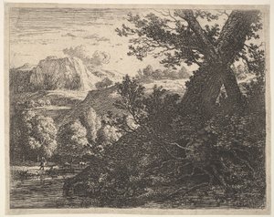 شجرة ذات جذور مكشوفة بجانب مجرى مائي ، منظر طبيعي على التلال ورجل يسير خلف كيو ... ، 1659. بواسطة كاريل دو جاردين