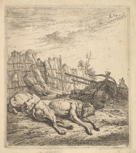 كلبان ينامان على الأرض ، محراث ، معدات زراعية ، باقات من القش ، و ... ، كاليفورنيا. 1641-78. بواسطة كاريل دو جاردين