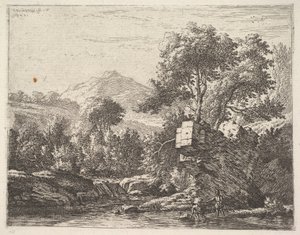 رجلان يقفان بعمق الكاحل في جسم مائي مع نتوء صخري خلفهما ، إلى ... 1658. بواسطة كاريل دو جاردين