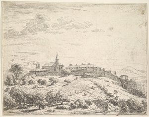 قرية مسورة على تلة ، مع كنيسة على اليسار ومباني مبنية على المنحدر ... ، 1658. بواسطة كاريل دو جاردين
