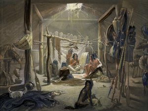 الجزء الداخلي من كوخ لرئيس ماندان ، اللوحة 19 من المجلد 2 من الرحلات في المناطق الداخلية لأمريكا الشمالية ، محفورة بنرجس ديسمادريل ، 1844 تفاصيل مائية ملونة 103848 بواسطة كارل بودمر