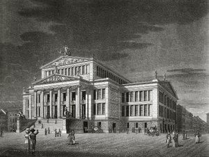 ألمانيا ، برلين ، منظر لـ Schauspielhaus (قاعة الحفلات الموسيقية) ، نقش بواسطة Karl Friedrich Schinkels (1781-1841) بواسطة كارل فريدريش شينكل