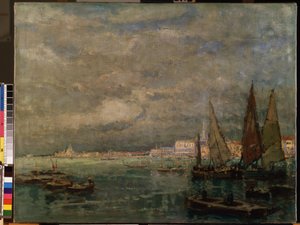 "" منظر المراكب الشراعية في بحيرة فينيسيا "(Blick auf Venedig mit Segelbooten). رسم لكارل (كارل) هاجميستر (1848-1933) 1926 خافت 51x71 سم متحف ميكالوجوس كونستانتيناس سيورليونيس للفنون الجميلة ، كاوناس ، ليتوانيا بواسطة كارل هاجميستر