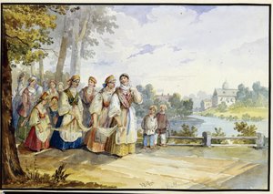 الفتيات الفلاحات الروسيات مع فستان المهرجان. عمل كارل إيفانوفيتش كولمان (1786-1846) ، لوحة مائية على ورق مقوى