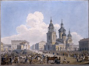 مكان سوق القش وكنيسة الصعود في سانت بطرسبرغ - عمل لكارل بتروفيتش بيغروف (1799-1875) ، لوحة مائية على ورق (10.3 × 15.1 سم) ، 1820-1830 - دولة روسي بواسطة كارل بافلوفيتش بيغروف