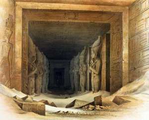 تماثيل عملاقة من الحجر الجيري لرمسيس الثاني (رعمسيس - 1304-1237 قبل الميلاد). طباعة حجرية بعد كارل ريتشارد ليبسيوس (1810-1884) عالم المصريات البروسي. يحمل كل منهما عصا وسوط، وهما رمزان للملوكية. بواسطة 