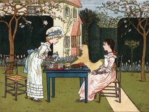 وقت النهار: فتاتان صغيرتان تتذوقانه في حديقة. رسم توضيحي لكيت غريناواي (1846-1901) من كتاب الحكايات وأغاني الأطفال للأطفال "تحت النافذة" (1879) ، حرره إدموند إيفانز. بواسطة كيت غريناواي