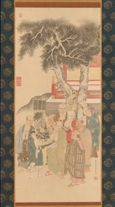 عشرة راكان يفحصون لوحة لكانون ذو رداء أبيض 1792. بواسطة كاتو نوبوكيو
