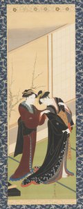 من الداخل: امرأة تساعد فتاة على ارتداء الملابس ، فترة إيدو ، 1726-1792.