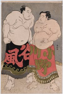 صور كاملة للمصارعين Onogawa Kisaburo على اليمين و Tanizake Kajinosuke على اليسار بواسطة كاتسوكاوا شونكو