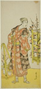 الممثل ماتسوموتو كوشيرو الرابع في دور بائع النباتات Awashima no Yonosuke في مسرحية Mukashi Otoko Yuki no Hinagata ، تم تقديمه في مسرح Ichimura في الشهر الحادي عشر ، 1781