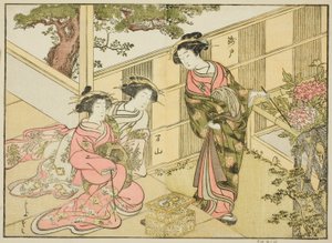Courtesans of the Chojiya ، من كتاب "A Comparison of the Beauties of Green Houses: A Mirror of their Forms (Seiro bijin awase sugata kagami)"، vol. 1 بواسطة كاتسوكاوا شونشو