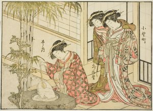 Courtesans of the Maruya ، من كتاب "Mirror of Beautiful Women of the Pleasure Quarters (Seiro bijin awase sugata kagami)" المجلد. 2 بواسطة كاتسوكاوا شونشو