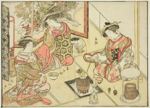 Courtesans of the Okaneya ، من كتاب "Mirror of Beautiful Women of the Pleasure Quarters (Seiro bijin awase sugata kagami)" المجلد. 2