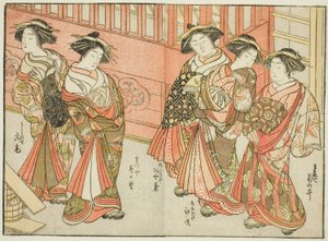 خمسة محظيات من منازل مختلفة ، من كتاب "مرآة النساء الجميلات في أحياء المتعة (Seiro bijin awase sugata kagami)" المجلد. 3 بواسطة كاتسوكاوا شونشو