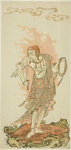 الممثل Ichikawa Danjuro V بدور الإله البوذي Fudo في المشهد الأخير من الجزء الأول من مسرحية Fuki Kaete Tsuki mo Yoshiwara (Rethatched Roof: The Moon يضيء أيضًا فوق منطقة Yoshiwara Pleasure) ، تم أداؤه في مسرح موريتا من الأول بواسطة كاتسوكاوا شونشو