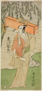 الممثل Ichikawa Yaozo II في دور Soga no Juro Sukenari متنكراً في هيئة Proefessional Jester Senraku (؟) في مسرحية Soga Moyo Aigo no Wakamatsu (؟) ، تم عرضها في مسرح ناكامورا (؟) في الشهر الثاني ، 1769 (؟) بواسطة كاتسوكاوا شونشو