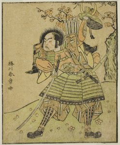 الممثل Ichimura Uzaemon IX في دور Kajiwara Genta no Kagetoki (؟) ، في مسرحية Myoto-giku Izu no Kisewata ، تم عرضه في مسرح ناكامورا في الشهر الحادي عشر ، 1770 بواسطة كاتسوكاوا شونشو