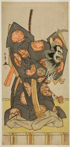 الممثل ناكاجيما ميهيمون الثاني في دور شوجاكو تينو في مسرحية Masakado Kammuri no Hatsuyuki ، تم تقديمه في مسرح ناكامورا في الشهر الحادي عشر ، 1777 بواسطة كاتسوكاوا شونشو