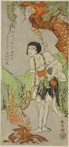 الممثل ناكامورا ناكازو الأول كراهب ، رايجو أجاري ، في مسرحية Nue no Mori Ichiyo no Mato (غابة وحش نو: هدف الشهر الحادي عشر) ، تم تقديمه في مسرح ناكامورا من اليوم الأول من الشهر الحادي عشر ، 1770 بواسطة كاتسوكاوا شونشو
